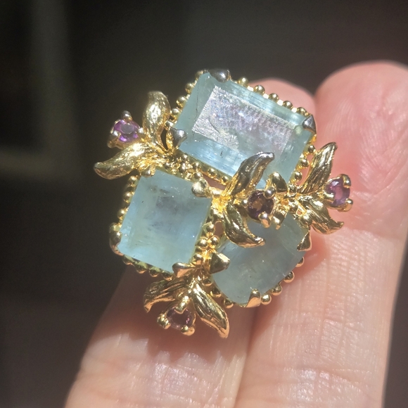 Aquamarine & Amethyst sterling & gold ring sz7.75 - Picture 3 of 10